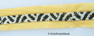 Beige Fabric Trim With Black And White Seed Beads Embellishments, Zebra Trim, Beaded Trim